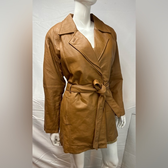 Vintage 90s Y2K Phase Two Women’s M Tan Brown Leather Belted Trench Coat Jacket - Picture 2 of 7